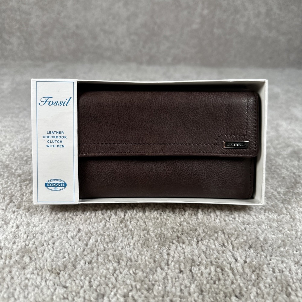 Fossil Brown Espresso Leather Checkbook Clutch With Pen‎ NIB